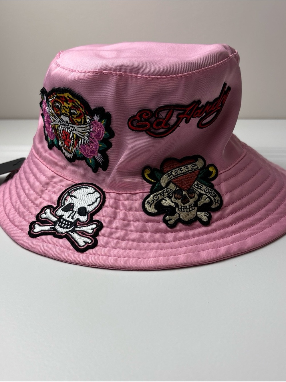 Ed Hardy Pink Bucket Hat with Tattoo-Inspired Embroidered Patches